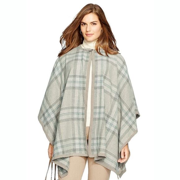 New! RALPH LAUREN Plaid Plus Size Wool Cashmere Blend Poncho Suede-Trim Size 2X - Picture 1 of 8